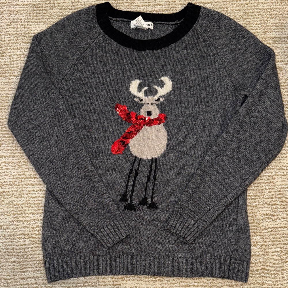 Gray Reindeer Sweater with Red Scarf